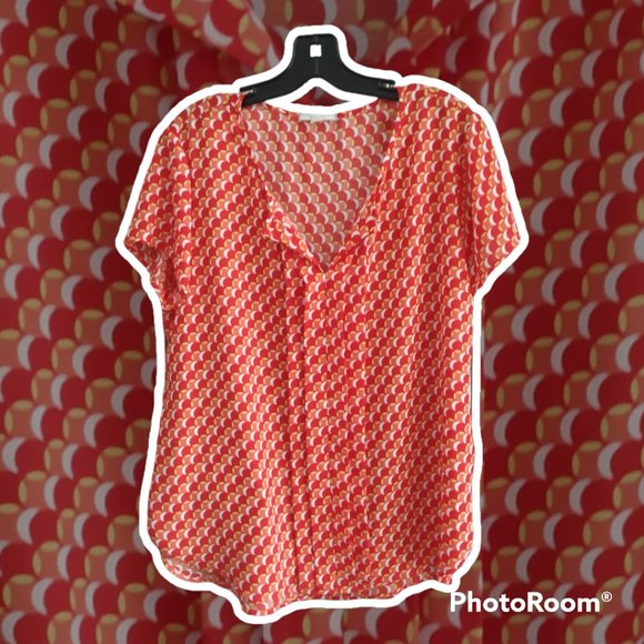 Pleione Blouse Orange Red Chiffon Pleated Sheer Top  Size XL - Picture 2 of 9